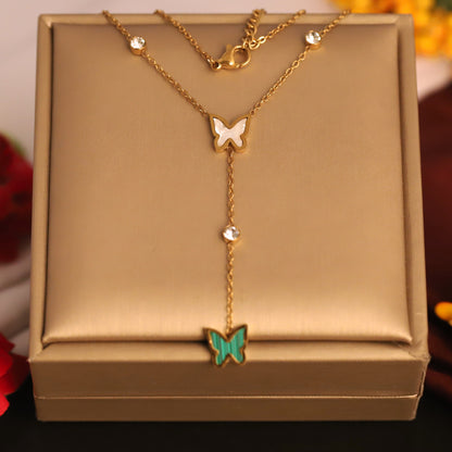 Elegant Butterfly Y-Drop Necklace - Gold Tone with Mother of Pearl