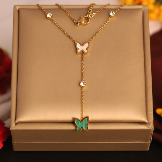 Elegant Butterfly Y-Drop Necklace - Gold Tone with Mother of Pearl