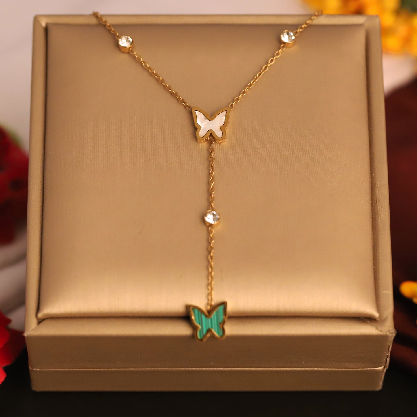 Elegant Butterfly Y-Drop Necklace - Gold Tone with Mother of Pearl
