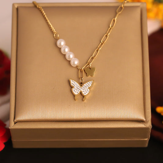 Sparkling Butterfly and Pearl Necklace - Gold Plated Statement Jewelry