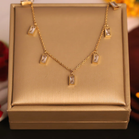 Dainty Gold & Crystal Rectangle Charm Necklace | Minimalist Dangle Choker