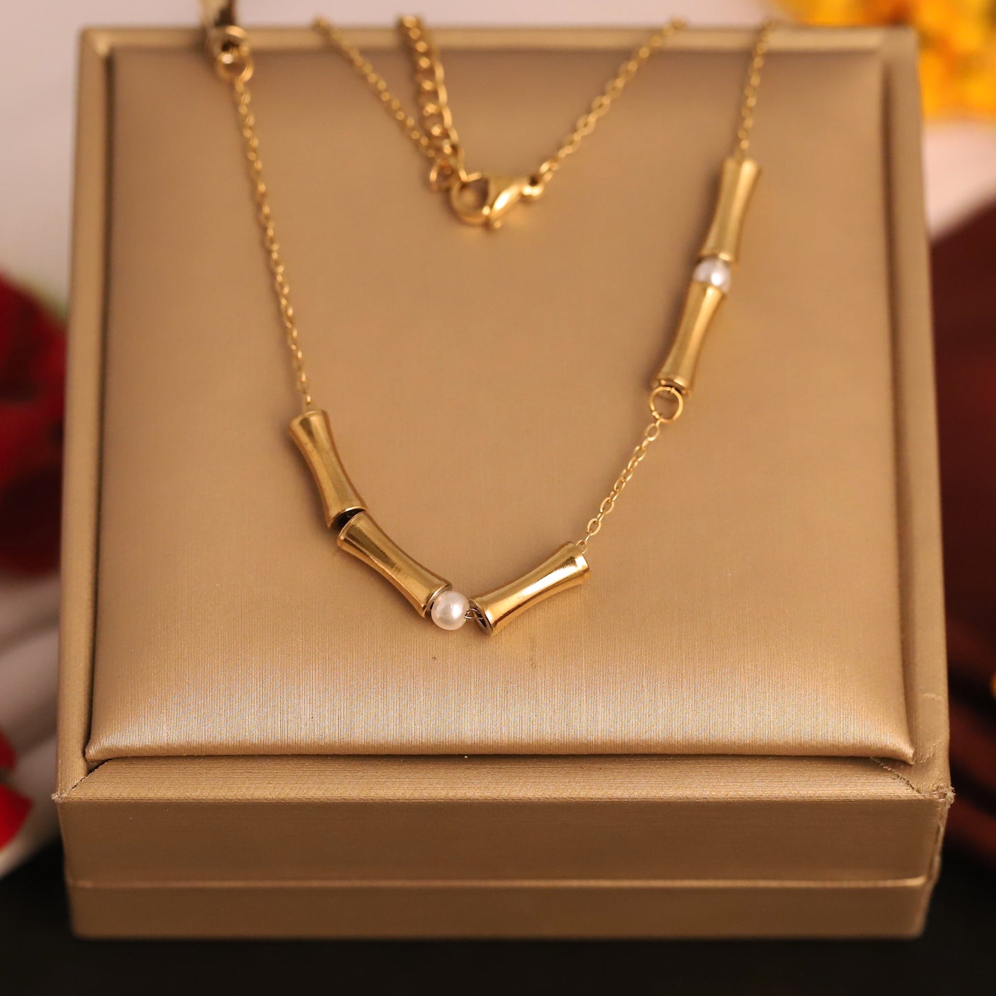 Gold Bamboo & Pearl Necklace - Modern & Minimalist Choker