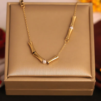 Gold Bamboo & Pearl Necklace - Modern & Minimalist Choker