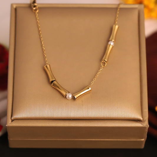 Gold Bamboo & Pearl Necklace - Modern & Minimalist Choker