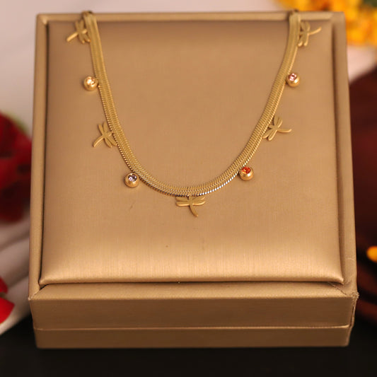 Gold Plated Snake Chain Necklace with Dragonfly Charms & Colorful CZ Stones | Dainty Nature Jewelry