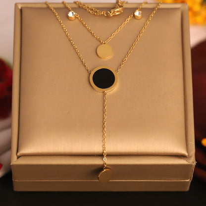 Modern Layered Black & Gold Circle Necklace | Dainty Crystal Chain | Minimalist Lariat Style Jewelry