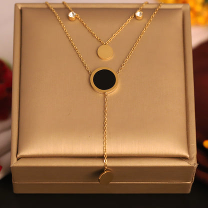 Modern Layered Black & Gold Circle Necklace | Dainty Crystal Chain | Minimalist Lariat Style Jewelry