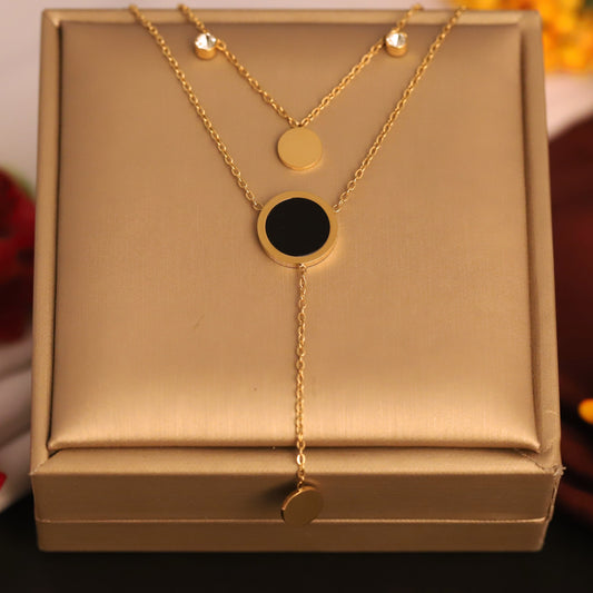 Modern Layered Black & Gold Circle Necklace | Dainty Crystal Chain | Minimalist Lariat Style Jewelry