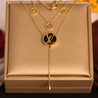 Gold Tone "LV" Monogram Layered Necklace | Black Enamel Designer Inspired Jewelry | Fashion Lariat