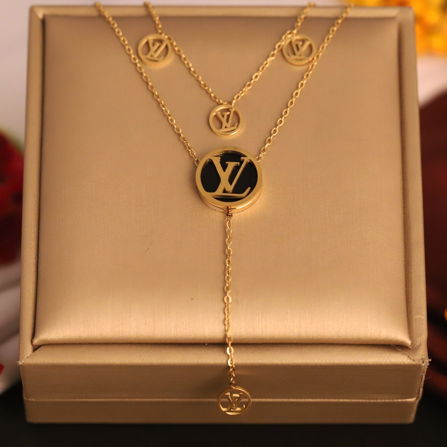 Gold Tone "LV" Monogram Layered Necklace | Black Enamel Designer Inspired Jewelry | Fashion Lariat