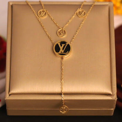 Gold Tone "LV" Monogram Layered Necklace | Black Enamel Designer Inspired Jewelry | Fashion Lariat