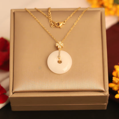 22K Gold Plated White Disc Necklace | Clover Detail Stainless Steel Pendant