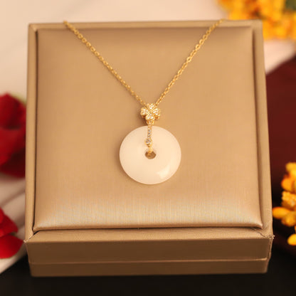 22K Gold Plated White Disc Necklace | Clover Detail Stainless Steel Pendant