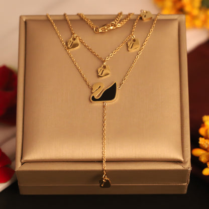 Layered Gold Swan Necklace | Black Enamel Pendant | Elegant Bird Jewelry for Women