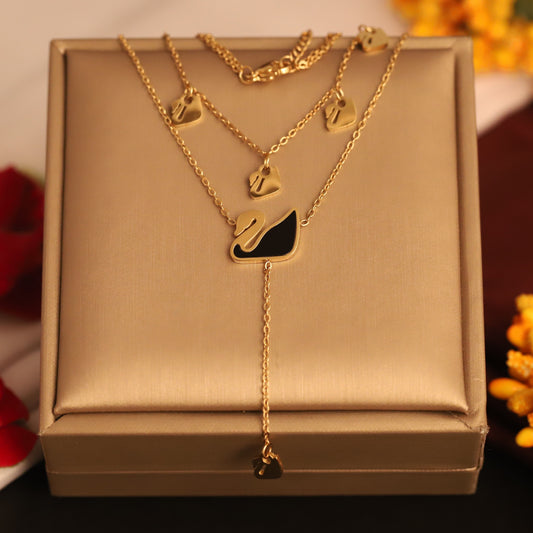 Layered Gold Swan Necklace | Black Enamel Pendant | Elegant Bird Jewelry for Women