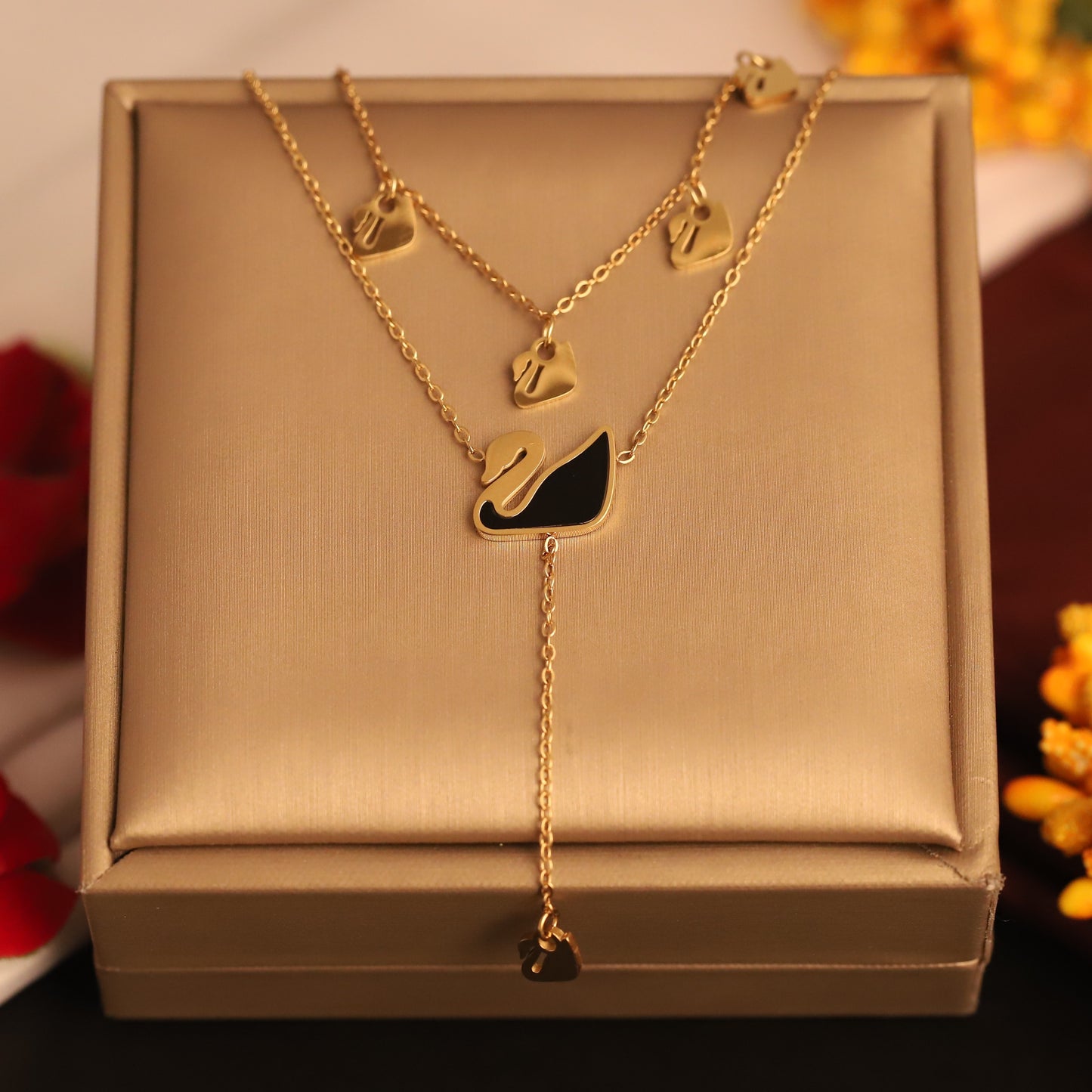 Layered Gold Swan Necklace | Black Enamel Pendant | Elegant Bird Jewelry for Women