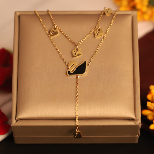 Layered Gold Swan Necklace | Black Enamel Pendant | Elegant Bird Jewelry for Women