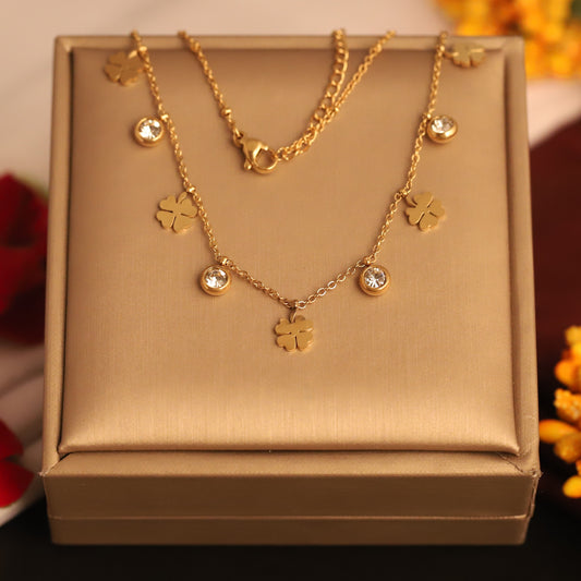 Lucky Four-Leaf Clover & Zircon Charm Necklace - Gold Plated Women's Jewelry