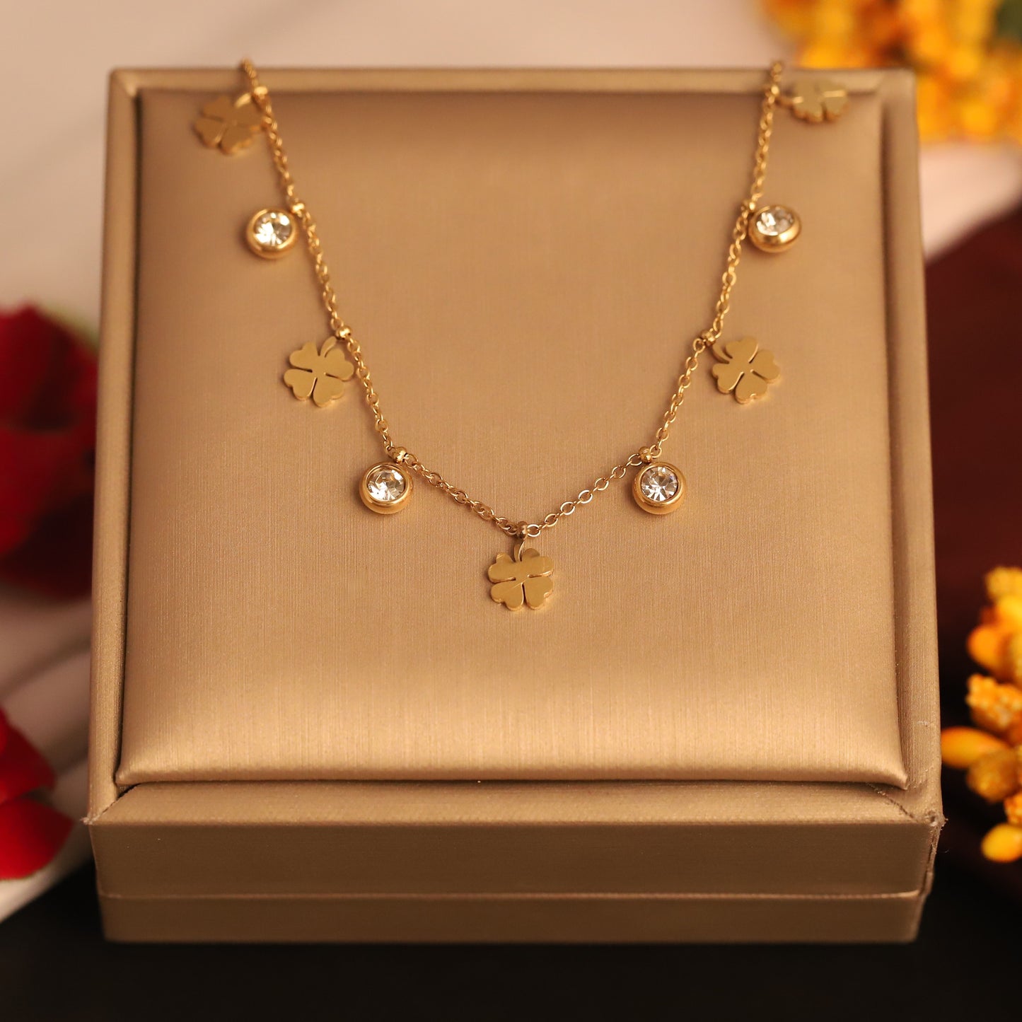 Lucky Four-Leaf Clover & Zircon Charm Necklace - Gold Plated Women's Jewelry