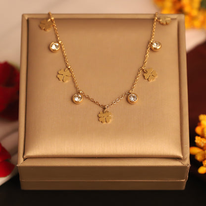 Lucky Four-Leaf Clover & Zircon Charm Necklace - Gold Plated Women's Jewelry