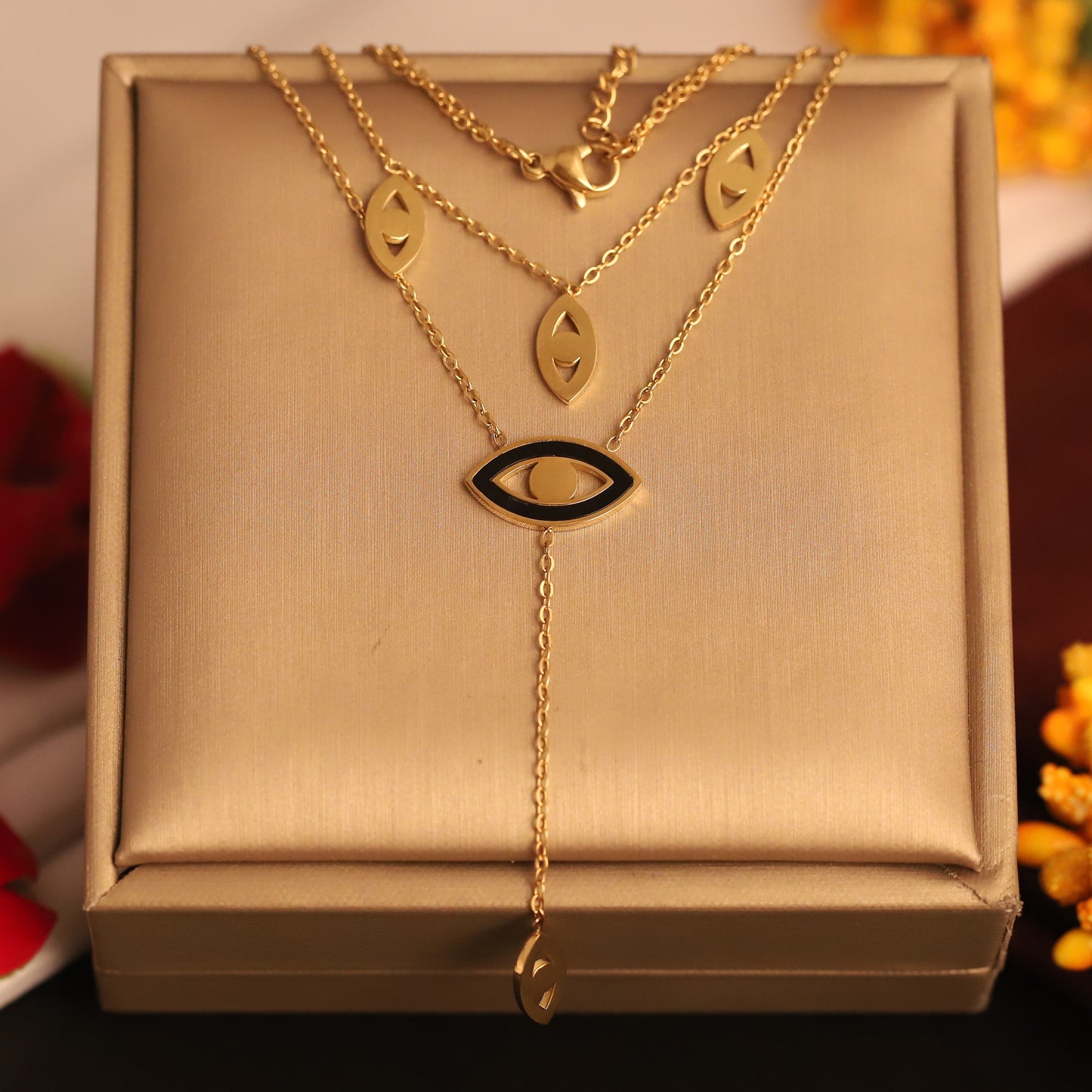 Gold Tone Evil Eye Layered Necklace | Black Enamel Protection Jewelry | Modern Dainty Pendant