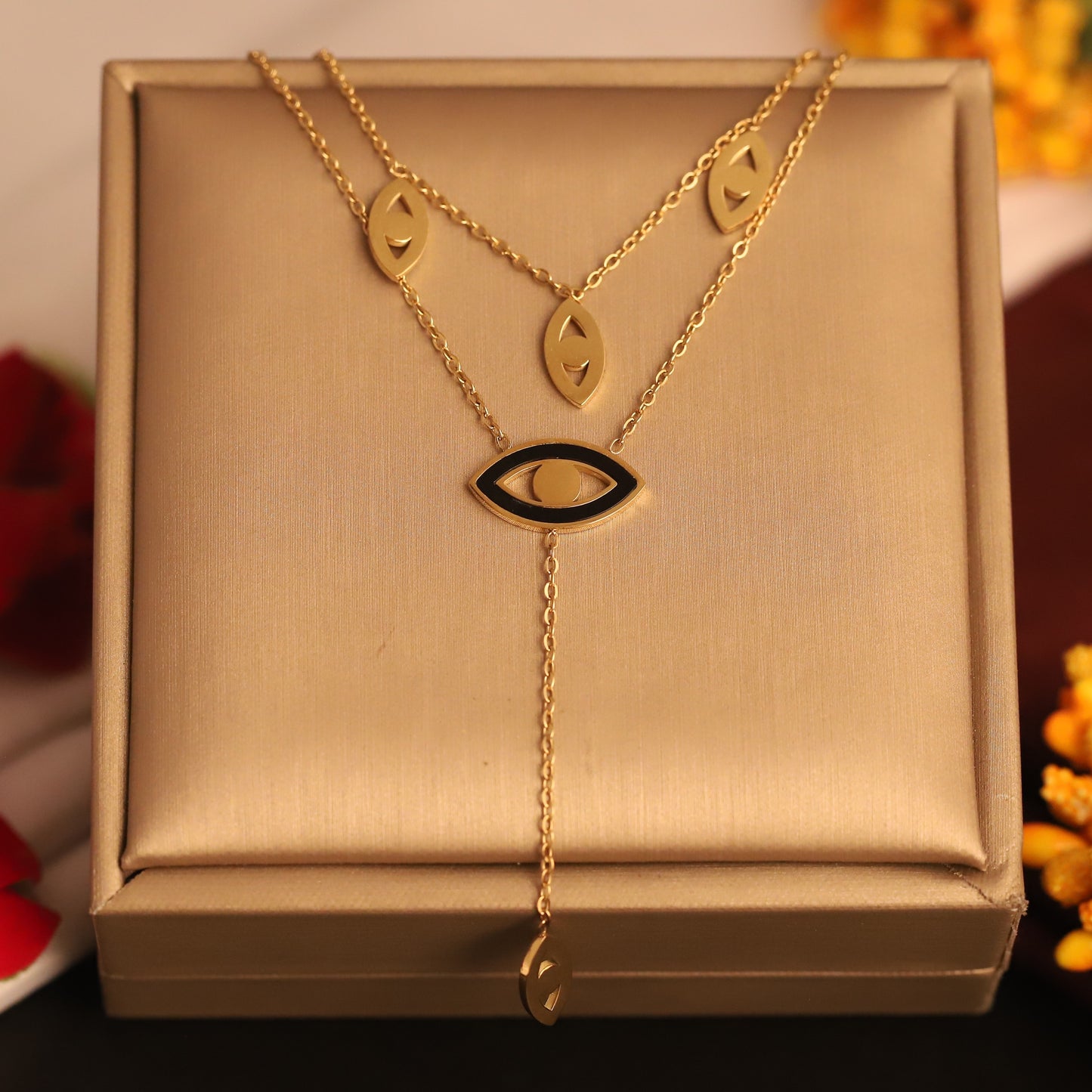 Gold Tone Evil Eye Layered Necklace | Black Enamel Protection Jewelry | Modern Dainty Pendant