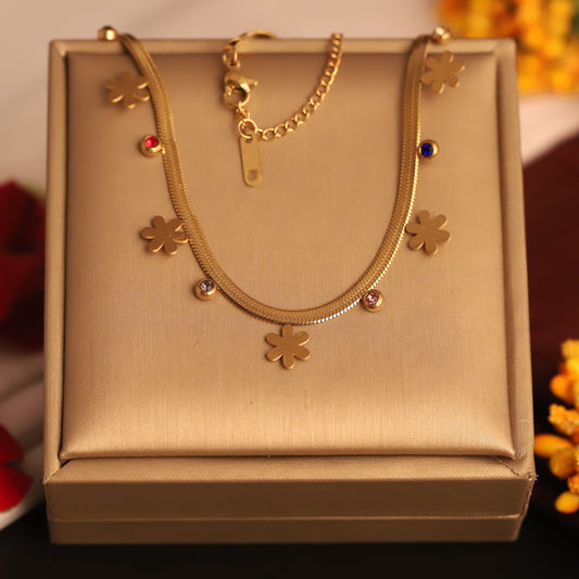 Chic Gold Flower & Gemstone Snake Chain Necklace - Stainless Steel | Dainty Floral Jewelry