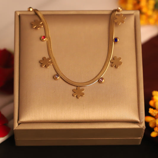 Chic Gold Flower & Gemstone Snake Chain Necklace - Stainless Steel | Dainty Floral Jewelry