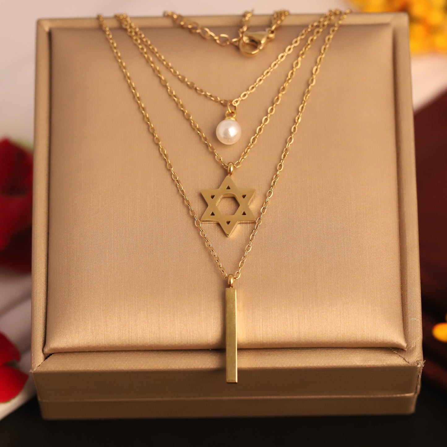 Layered Star of David and Bar Necklace - Gold Plated Statement