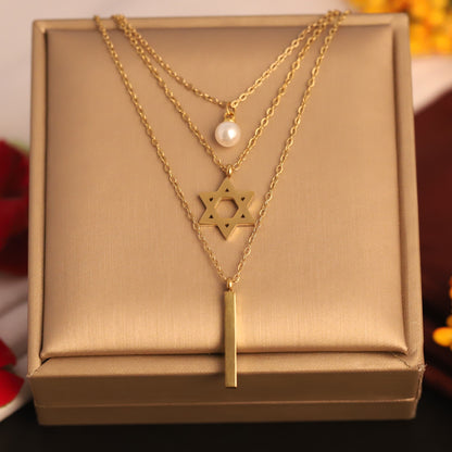 Layered Star of David and Bar Necklace - Gold Plated Statement