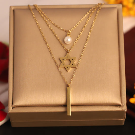 Layered Star of David and Bar Necklace - Gold Plated Statement