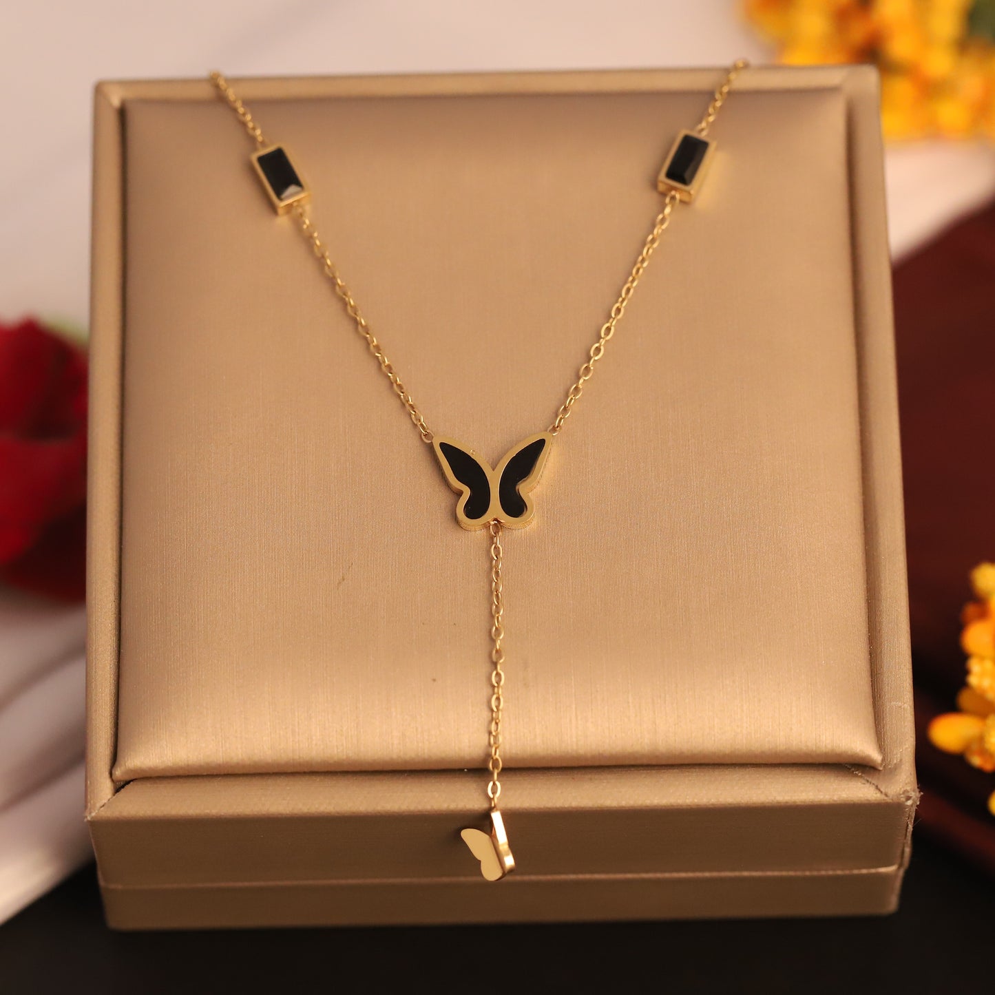 Black Enamel Butterfly Y Necklace | Gold Plated Geometric Jewelry