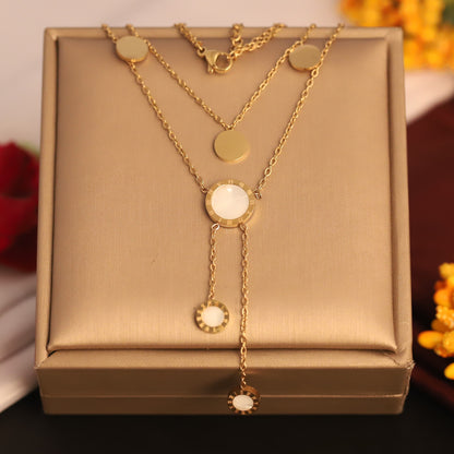 Layered Mother of Pearl & Gold Disc Necklace | Elegant Double Chain