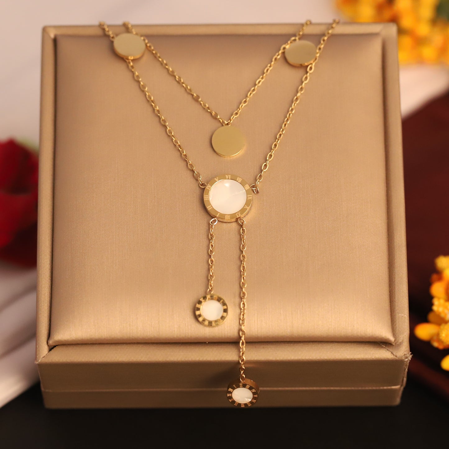 Layered Mother of Pearl & Gold Disc Necklace | Elegant Double Chain