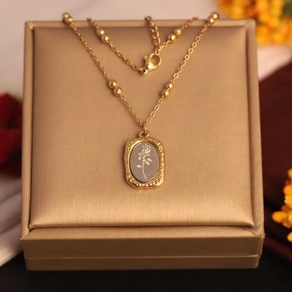 Etched Rose Oval Pendant Necklace | Gold Beaded Chain Floral Jewelry