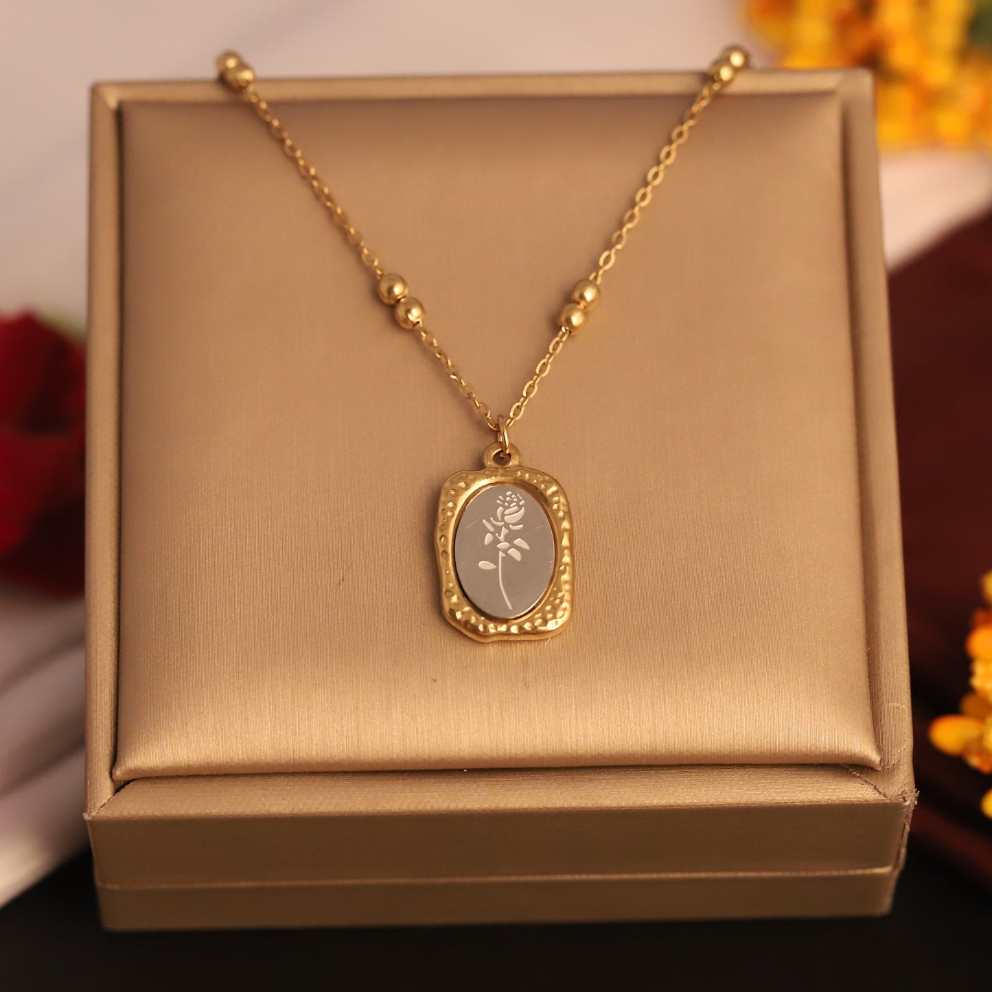 Etched Rose Oval Pendant Necklace | Gold Beaded Chain Floral Jewelry