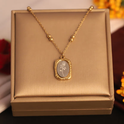 Etched Rose Oval Pendant Necklace | Gold Beaded Chain Floral Jewelry