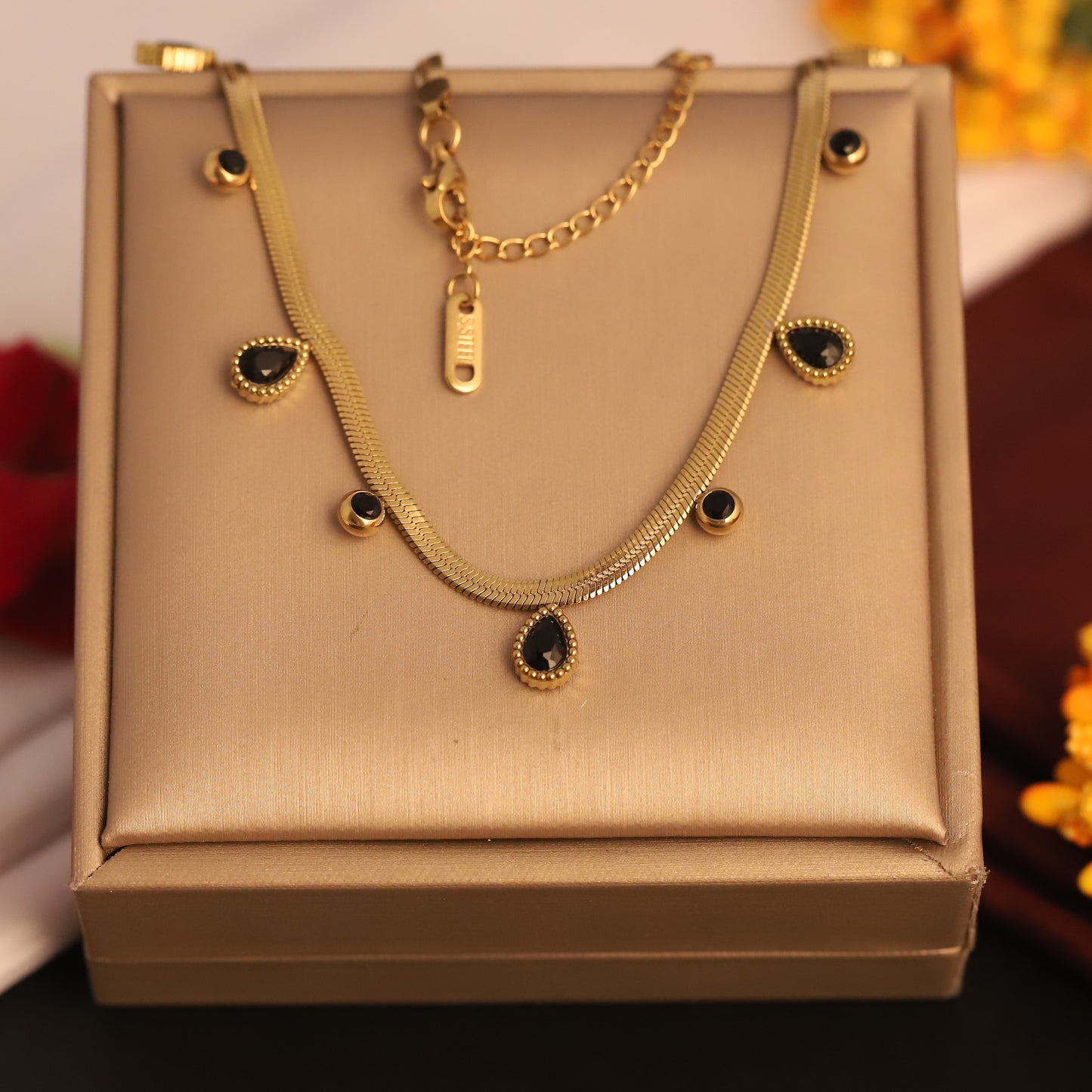 Sleek Gold Snake Chain Necklace with Black Teardrop Charms | Dainty & Elegant