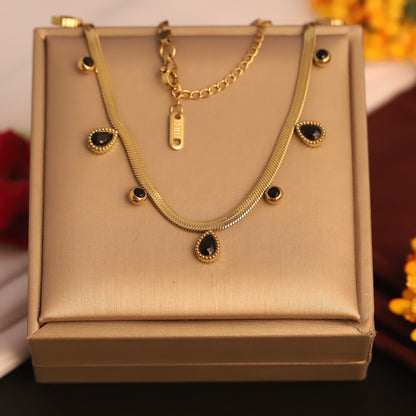 Sleek Gold Snake Chain Necklace with Black Teardrop Charms | Dainty & Elegant