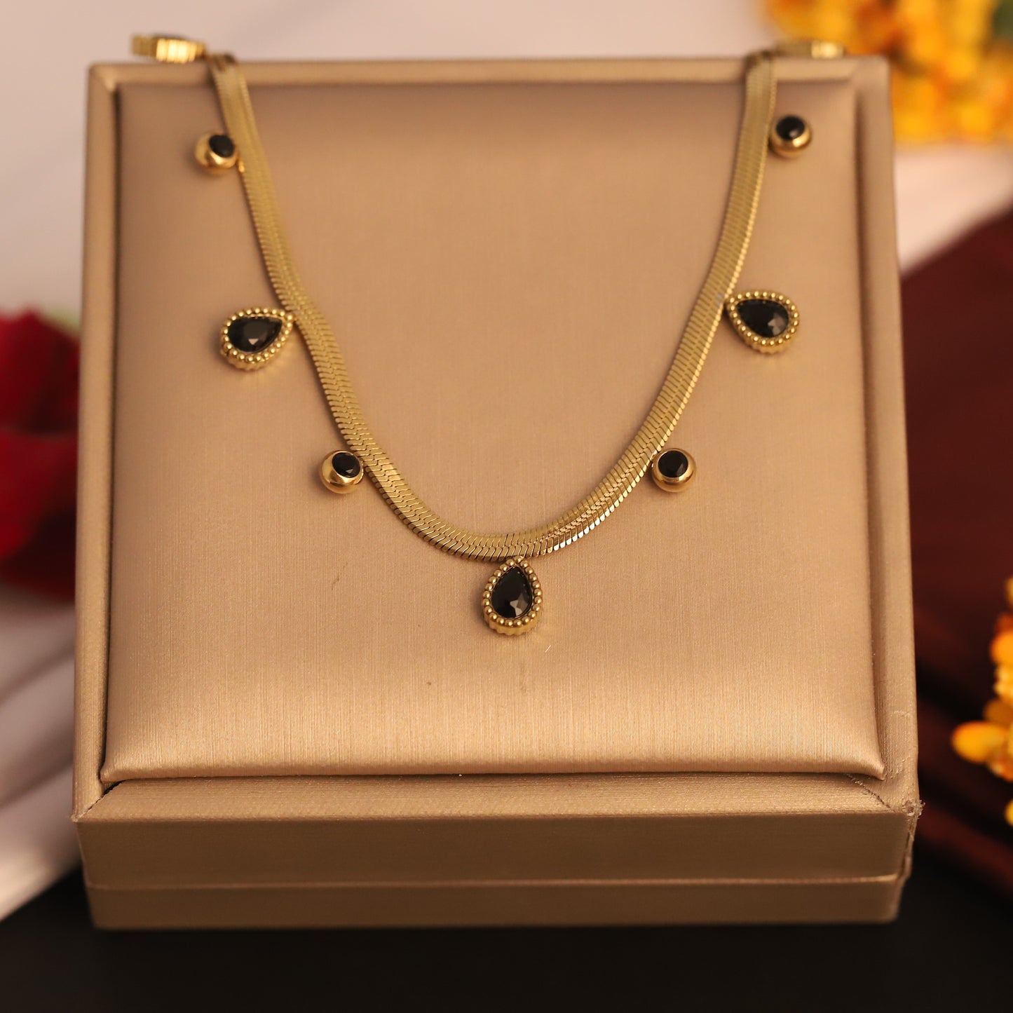 Sleek Gold Snake Chain Necklace with Black Teardrop Charms | Dainty & Elegant