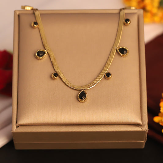 Sleek Gold Snake Chain Necklace with Black Teardrop Charms | Dainty & Elegant
