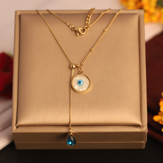 22K Gold Plated Evil Eye Necklace | Blue Teardrop Charm Stainless Steel
