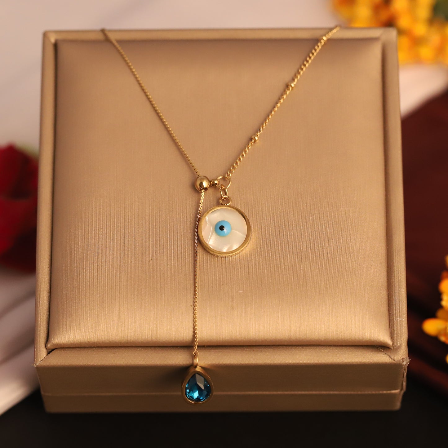 22K Gold Plated Evil Eye Necklace | Blue Teardrop Charm Stainless Steel