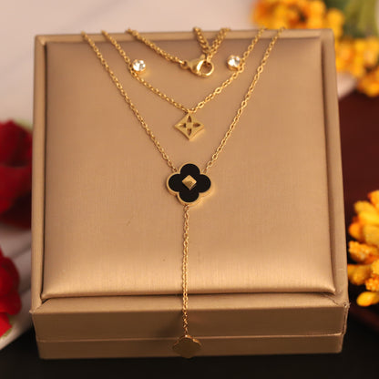 Layered Clover & Diamond Shape Necklace | Gold Tone Black Enamel Pendant | Dainty Crystal Chain Jewelry