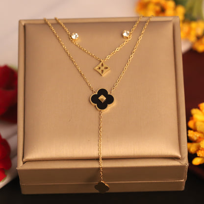 Layered Clover & Diamond Shape Necklace | Gold Tone Black Enamel Pendant | Dainty Crystal Chain Jewelry