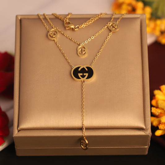 Layered Gold Tone "GG" Logo Necklace | Designer Inspired Fashion Jewelry | Black Enamel Pendant