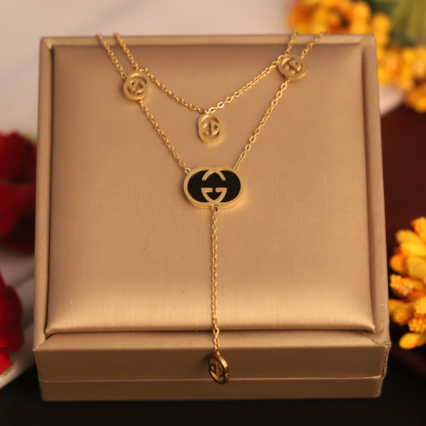 Layered Gold Tone "GG" Logo Necklace | Designer Inspired Fashion Jewelry | Black Enamel Pendant