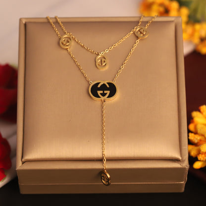 Layered Gold Tone "GG" Logo Necklace | Designer Inspired Fashion Jewelry | Black Enamel Pendant