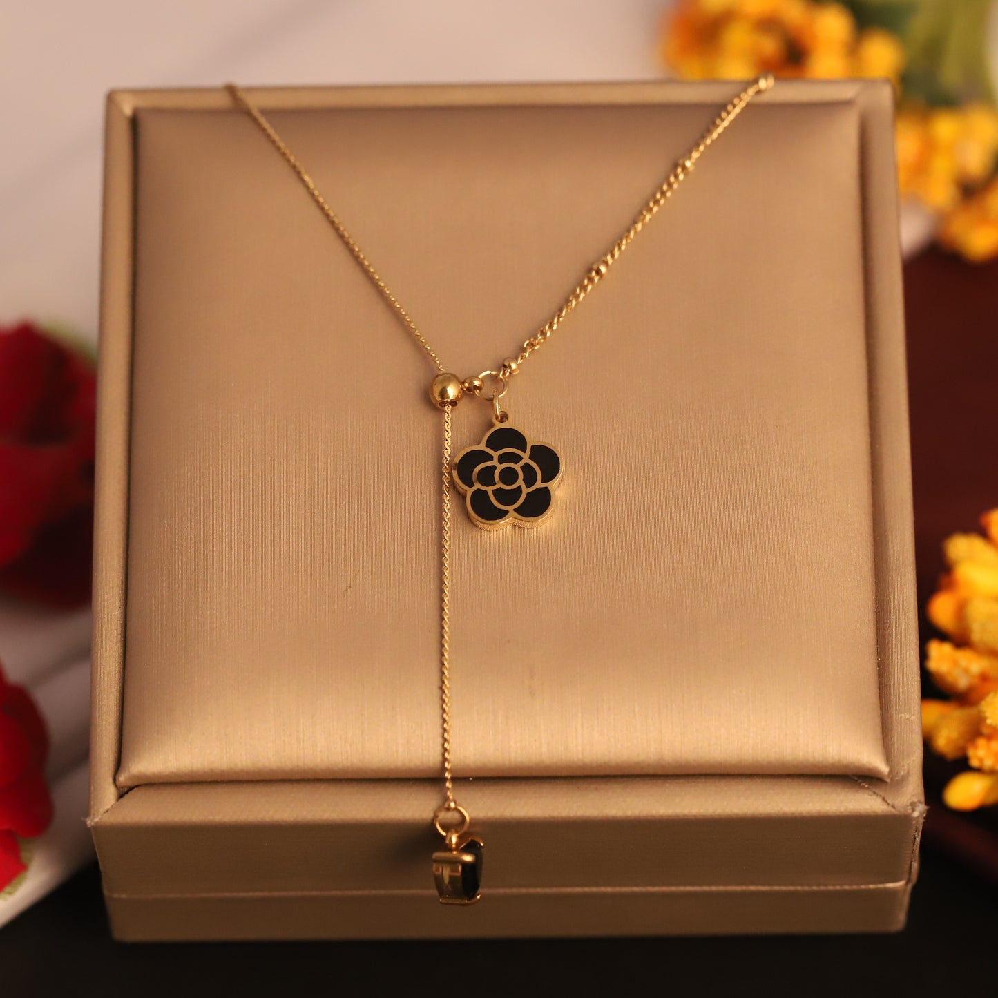 22K Gold Plated Black Flower Lariat Necklace | Stainless Steel Adjustable Chain