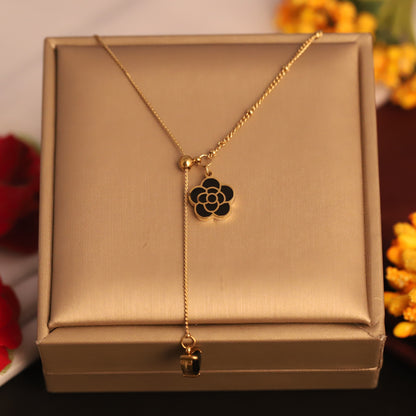 22K Gold Plated Black Flower Lariat Necklace | Stainless Steel Adjustable Chain